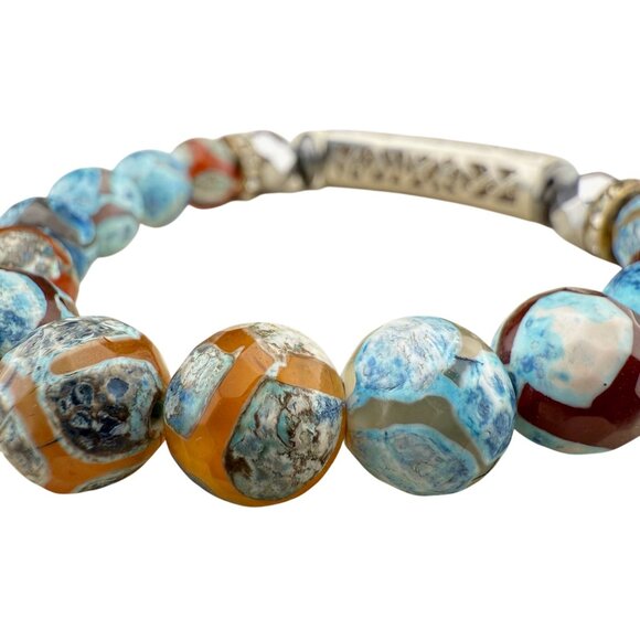 Dzi Agate Stretch Bracelet W/ Glass Crystal Embellishments & Cubic Zirconia Pave - Picture 3 of 6